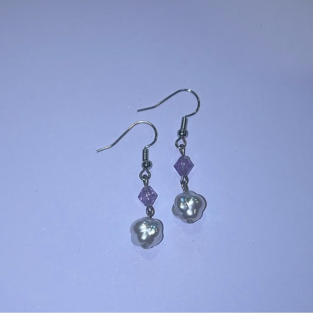 Small Simple Purple and Faux Pearl Cluster Earrings